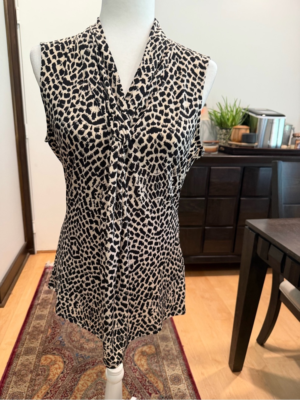 Premise Black and Cream Sleeveless Tie-Front Animal Print Blouse